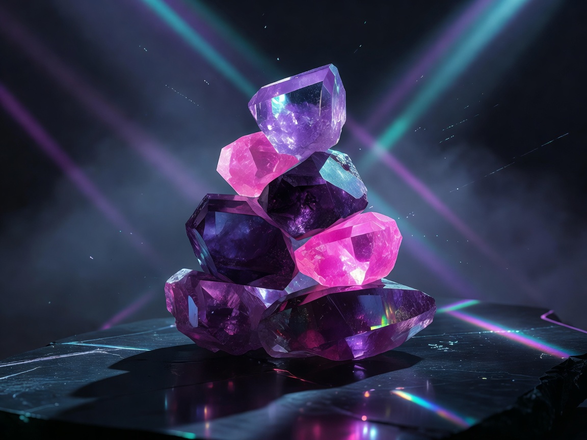 Mystic purple and neon pink quartz crystals stacked together under moody cinematic cyber lighting.